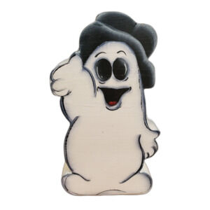 Halloween White Ghost Handmade Wooden Painted Decor Cutout Spooky Goul Signed 5"